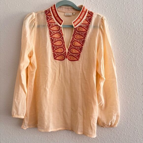 Spartina 449 Tunic Top M Light Beige Rust Brownish Red Pink Embroidered Detail - Picture 1 of 5